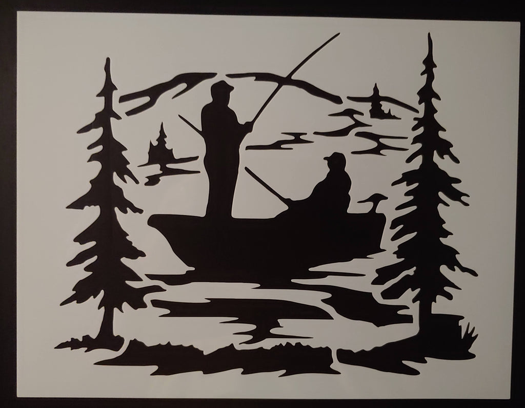 2 Men Fishing In Boat on Lake 8.5" x 11" Sheet Custom Stencil FAST FREE SHIPPING