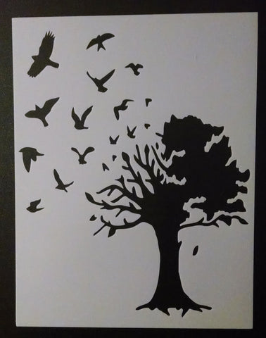 Birds Flying Out Of Large Country Tree - Stencil