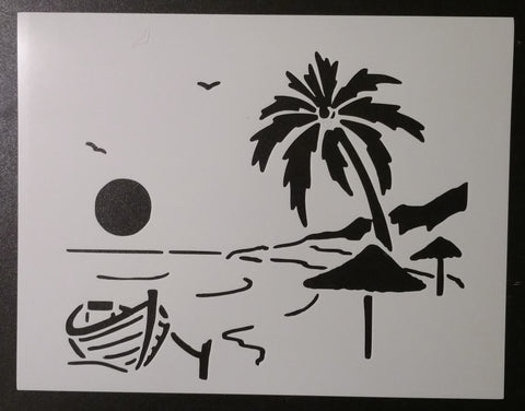 Beach Boat Sun Birds Palm Tree Fun In The Sun Stencil