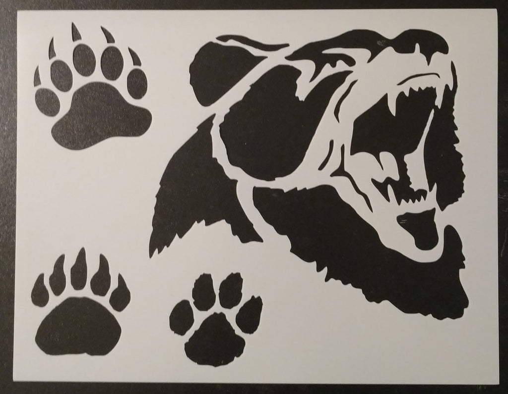 Grizzly Bear Face With Grizzly and Brown Bear Paw Prints Stencil