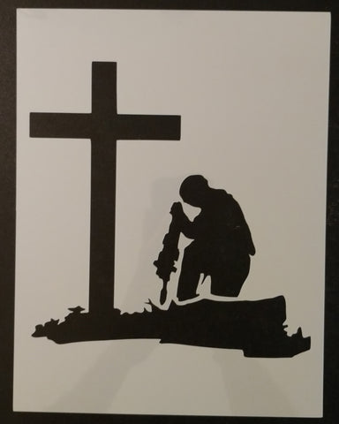 Military Soldier Kneeling At Cross - Stencil