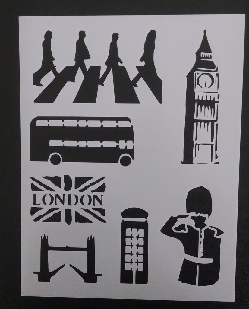 London Theme Big Ben Beatles Flag Bus - Stencil