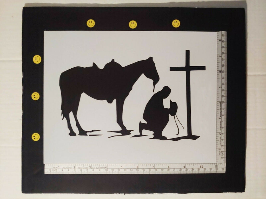 Cowboy Praying Kneeling at Cross with Horse - Custom Stencil